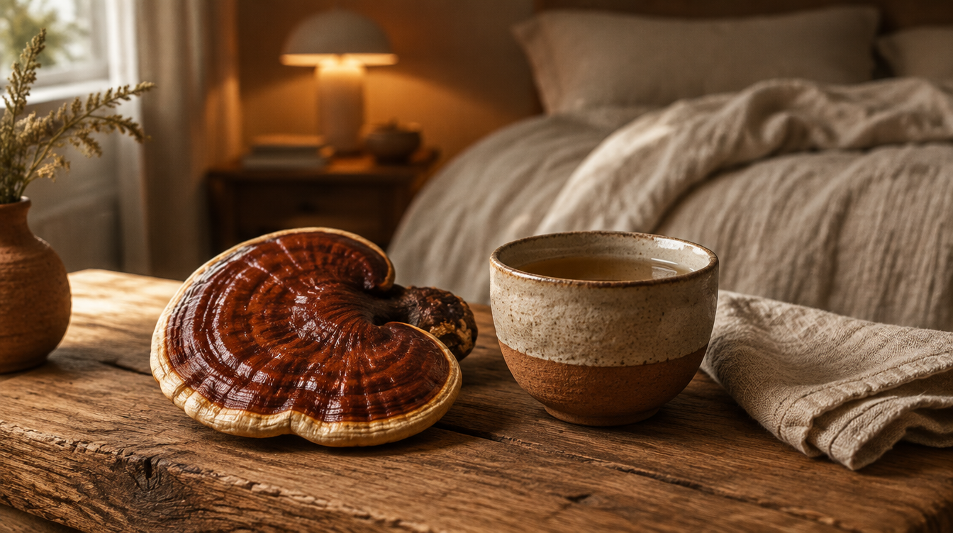 Houba reishi na dubovém prkénku s šálkem bylinného čaje a lněnou látkou, v pozadí klidná večerní ložnice – reishi a menopauza